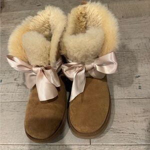 Ugg Tan Shearling Boots with Ribbon bow